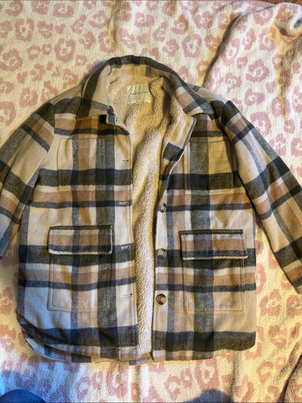 American Eagle Outfitters Beige, Black & Brown Plaid Sherpa-Lined Jacket